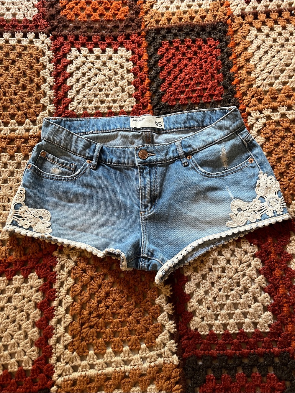 Garage Light Blue Denim Shorts with White Crochet Trim